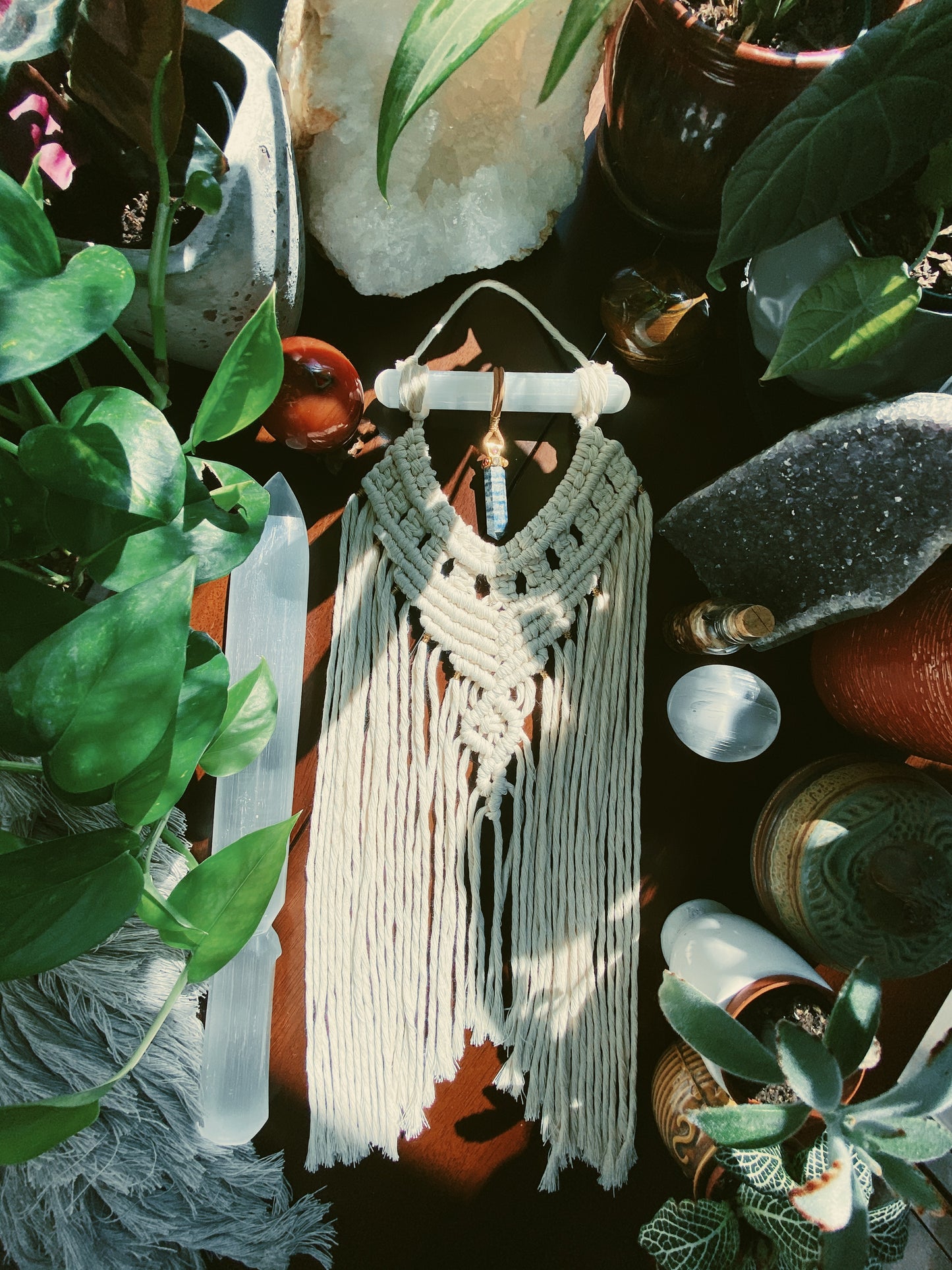 chakra healing, chakra wall hanging, chakra crystal healing, chakra amulet, lapis lazuli amulet, lapis lazuli wall hanging, crystal healing, wall hanging, macrame wall hanging, macrame and crystal wall hanging, selenite wand, selenite crystal wand, aura crystal cleansing, aura crystal healing, witch decor, witchy decor, boho decor, boho wall hanging, bohemian wall hanging, bespoke macrame, crystal shop, wall amulet