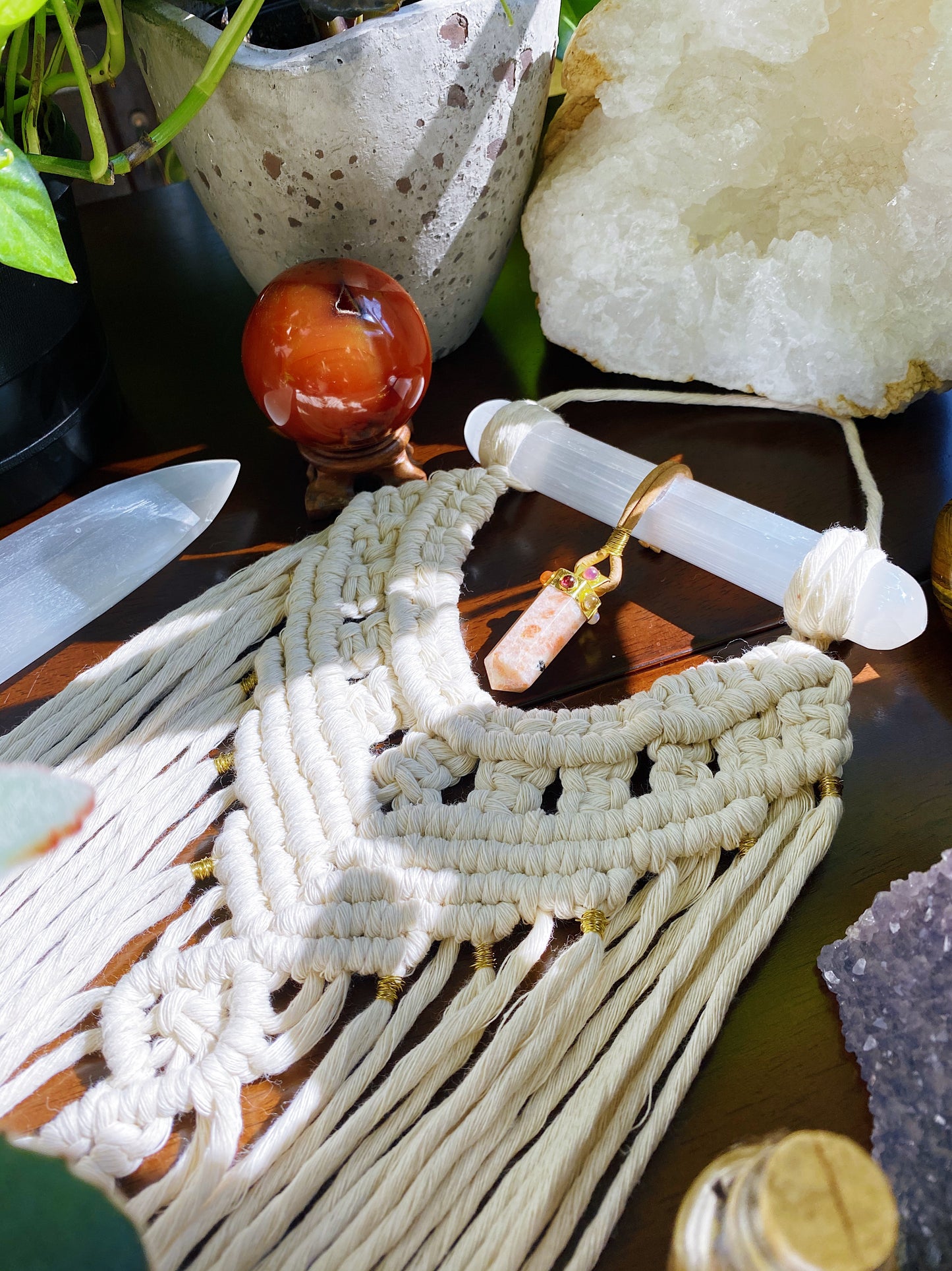 chakra healing, chakra wall hanging, chakra crystal healing, chakra amulet, rhodonite amulet, rhodonite wall hanging, crystal healing, wall hanging, macrame wall hanging, macrame and crystal wall hanging, selenite wand, selenite crystal wand, aura crystal cleansing, aura crystal healing, witch decor, witchy decor, boho decor, boho wall hanging, bohemian wall hanging, bespoke macrame, crystal shop, wall amulet