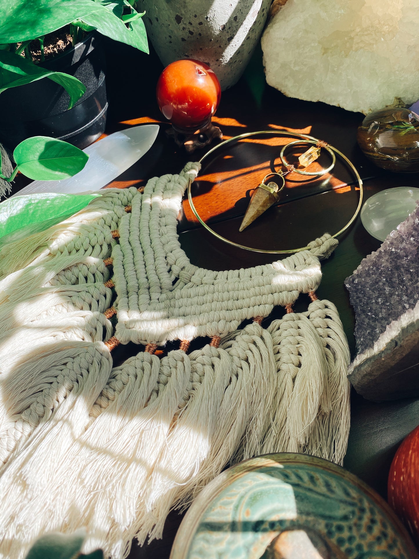 chakra healing, chakra wall hanging, chakra crystal healing, chakra amulet, sunstone amulet, sunstone wall hanging, crystal healing, wall hanging, macrame wall hanging, macrame and crystal wall hanging, sunstone and clear quartz, sunstone pendant, aura crystal cleansing, aura crystal healing, witch decor, witchy decor, boho decor, boho wall hanging, bohemian wall hanging, bespoke macrame, crystal shop, wall amulet, suncatcher